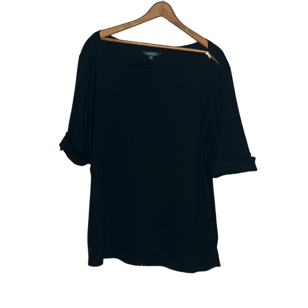 Lauren Ralph Lauren 3X Black Gold Zip Shoulder Rib Knit Ribbed Shirt Top Plus